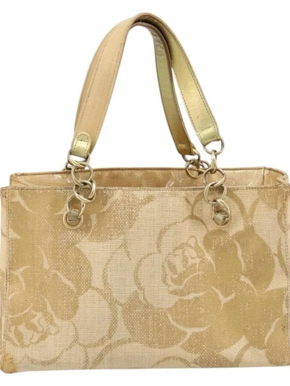 CHANEL Tote Bag Straw Beige Gold CC Auth bs33645